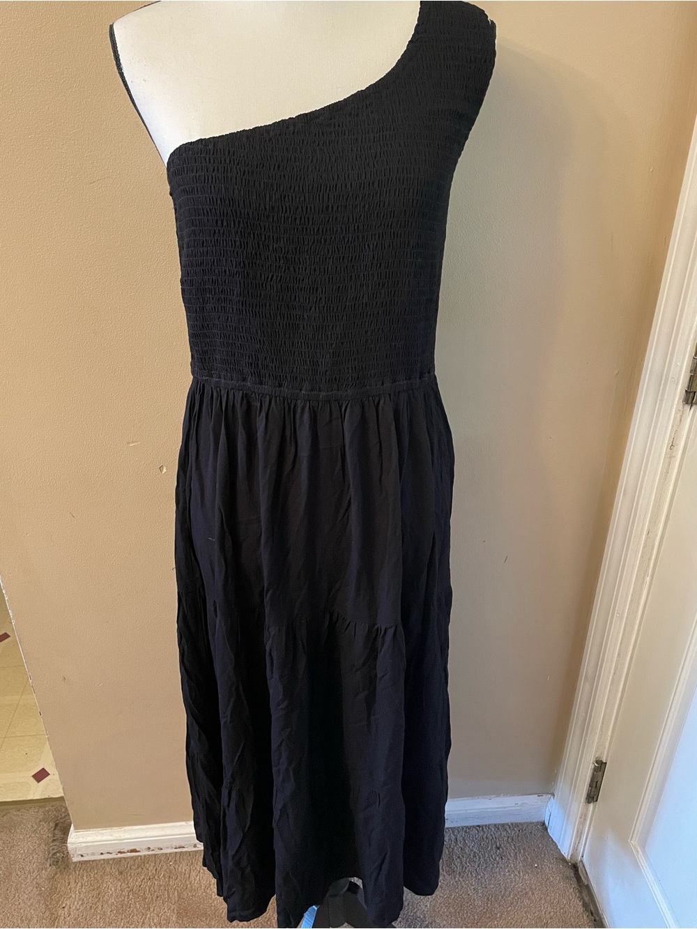Zesica One-Shoulder Black Smocked Maxi Dress-NWT
